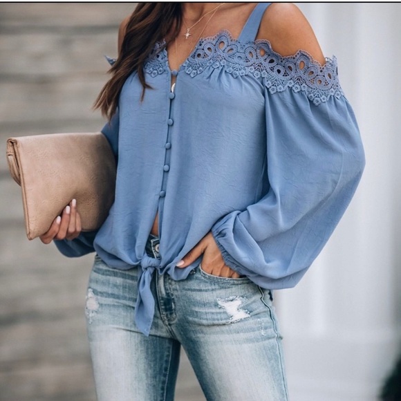 VICI  Blake Lace Cold Shoulder Tie Blouse / Medium - Picture 7 of 7